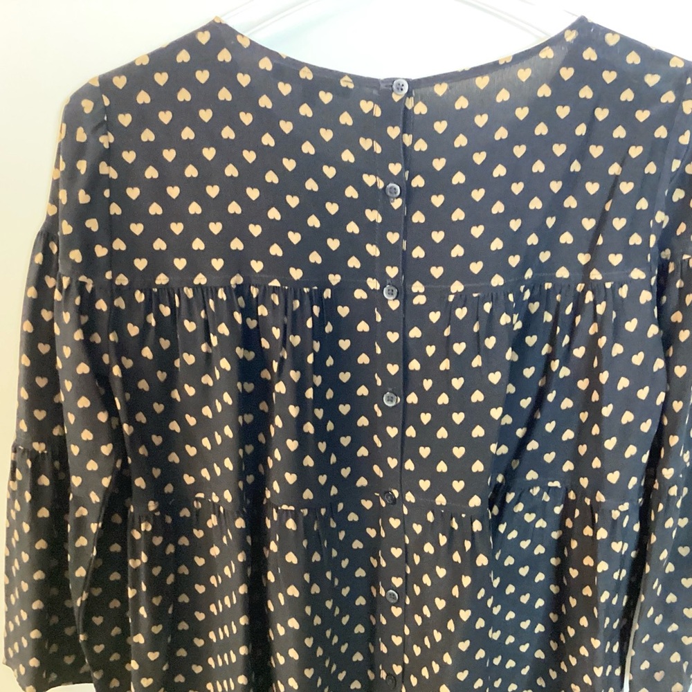 Madewell Silk Tiered Button Back Heart Print Top - Black - S - Picture 6 of 8